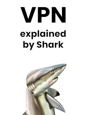 The image is a portrait-style graphic. The background is plain white. In the upper section, there's bold, black text that reads "VPN." Below this, another line of text states, "explained by Shark." A 3D rendered image of a shark is positioned towards the bottom of the frame. The shark is a mix of gray and white, with its head and dorsal fin visible from a side angle.