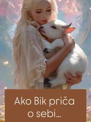 A digitally rendered image with a woman cradling a small, white, horned animal, likely a goat or sheep. The woman has long, flowing blonde hair and is wearing a flowing white dress. The background is a soft blend of purples and blues, creating a dreamlike atmosphere. The image has a warm, soft color palette. A brown rectangular box at the bottom contains the text overlay.