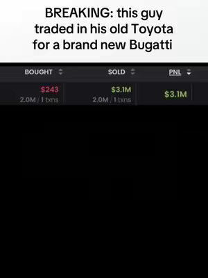 The image shows a mock-up of a trading platform interface. At the top, text reads: 'BREAKING: this guy traded in his old Toyota for a brand new Bugatti'. Below, trading data shows 'BOUGHT', 'SOLD' and 'PNL' with values indicating a successful trade by the depicted character. The layout is simple and text-based, using a dark color scheme which contrasts with the white overlaid text. 