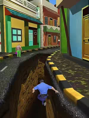 A 3D rendered image of a video game scene. A fissure splits the road in the foreground, with a character in a blue uniform jumping across. In the background, other characters can be seen walking on a street with colorful buildings.