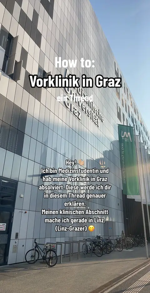 The cover image shows a modern building with a sleek glass and metal facade. The text overlay reads "How to: Vorklinik in Graz". Below this, there is additional text, and the bottom of the image includes some parked bicycles.