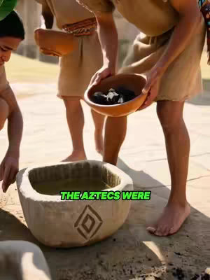 The image features a low-angle shot of three individuals outside. One person crouches at the left, another in the center holds a large, stone-like bowl partially filled with water. The third individual is on the right, holding a bowl with a few dark objects inside. They appear to be barefoot and wear simple robes. The setting suggests an historical, possibly ancient, scene.