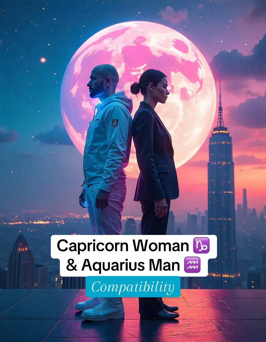 A digital art image shows a man and a woman standing back-to-back with a cityscape in the background, a large, pink sphere behind them. The man is on the left wearing a white jacket and the woman on the right wearing a dark suit. The background has a sunset color palette.
