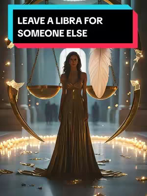 The cover image showcases a digital artwork with a Libra theme. A woman is positioned in the center wearing a gold dress, and a balance scale is behind her. The background is a blurred interior with soft lighting and blurred figures. Above the woman is a text overlay that says 'LEAVE A LIBRA FOR SOMEONE ELSE'.