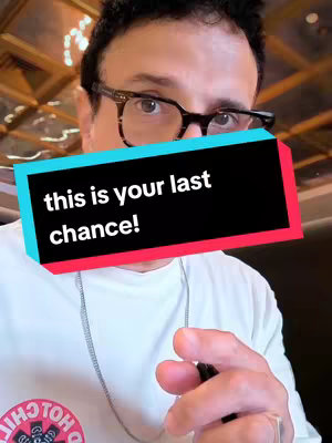 A man wearing glasses and a white shirt points towards the viewer. Overlaid on the image is a black and turquoise rectangle containing the text: 'this is your last chance!' The background appears to be a restaurant.