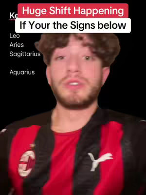 A selfie-style video shows a young man with brown curly hair and a short beard. He's wearing a red and black striped jersey and is centered in the frame, the background is plain black. Overlayed text in a white box gives the hook for the video.