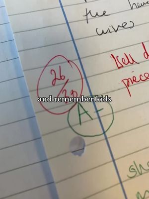 A close-up of lined paper with handwritten notes. In the center, a grade of 26/30 is circled in red, with an A+ circled in green below it. There is a text overlay at left, reading "and remember kids".