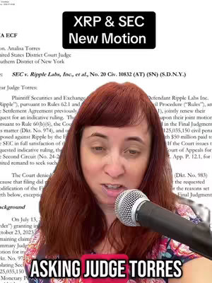 A woman with auburn hair and a microphone discusses a legal document. The background shows legal text and the overlaying text states "XRP & SEC New Motion" and "ASKING JUDGE TORRES".