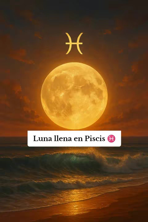 A digitally painted image of a full moon centered in the frame, emitting a warm golden glow. Above the moon, the Pisces astrological symbol is visible in gold. Below the moon, there is a beach scene with ocean waves and a shoreline at dusk with the colors of the sky transitioning through oranges and dark blues. A white rectangular text overlay at the bottom reads 'Luna llena en Piscis' with the Pisces symbol in pink to the right.