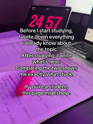 The image shows a well-lit desk setup, featuring a notepad with handwritten notes and a pink highlighter. A digital timer displaying 24:57 sits on the upper left, and a laptop is partially visible, adding a modern touch to the academic setting. The image has a light purplish color palette. The text overlay offers study tips.
