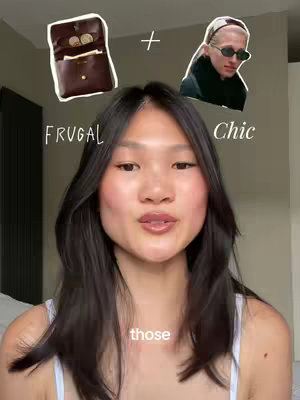 A selfie-style cover image. A woman appears in the center, with long, dark hair. Above her head, there are two graphic illustrations: a brown wallet with coins, and a person wearing sunglasses. The text overlay, "FRUGAL" is positioned below the wallet illustration, and "Chic" is below the other image. At the bottom, the word "those" is overlaid.