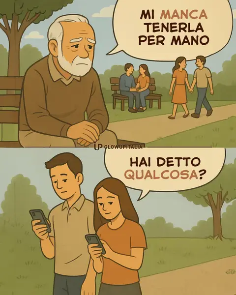 An illustrated image divided into two scenes. The top panel shows an elderly man with a white beard, looking sad. A speech bubble above him says, 'Mi manca tenerla per mano' (I miss holding her hand). Beside him, a couple sits on a bench, while another couple walks hand-in-hand. The bottom panel portrays a modern couple looking at their phones, with a speech bubble saying, 'Hai detto qualcosa?' (Did you say something?). The setting appears to be a park with grass and trees.