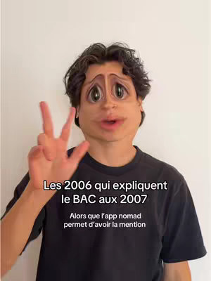 A young man with dark hair makes a peace sign with his hand, wearing a black t-shirt, against a plain white wall. His face is altered by a humorous filter featuring exaggerated facial features.
