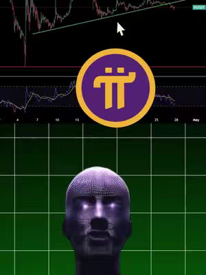 The cover image features a stylized, digital rendering of a human-like head with a pixelated texture, glowing eyes, and a dark, metallic appearance. Behind it is a green grid, overlaid with a chart showing financial trends and the Pi Network logo. The logo is circular, with a purple background and the Greek letter 'Pi' in gold. The overall composition suggests a video discussing or analyzing the Pi Network, potentially with a speculative or critical outlook.