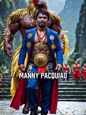An AI-generated image featuring Manny Pacquiao, in a blue outfit with red accents, and a large muscular figure with eagle-like features behind him. The top of the background is filled with trees and a sky. The overlay text says 'MANNY PACQUIAO'.