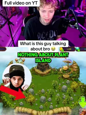 The image is a split screen. At the top, a young man with blond hair is on screen, looking down and slightly to the side. Below him, a video game screen. Inside, an island with trees, buildings, and an animated character superimposed on the image.