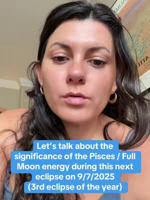 A woman with dark hair and gold hoop earrings is looking front on, the image is framed by a blue rectangle at the bottom contains white text.