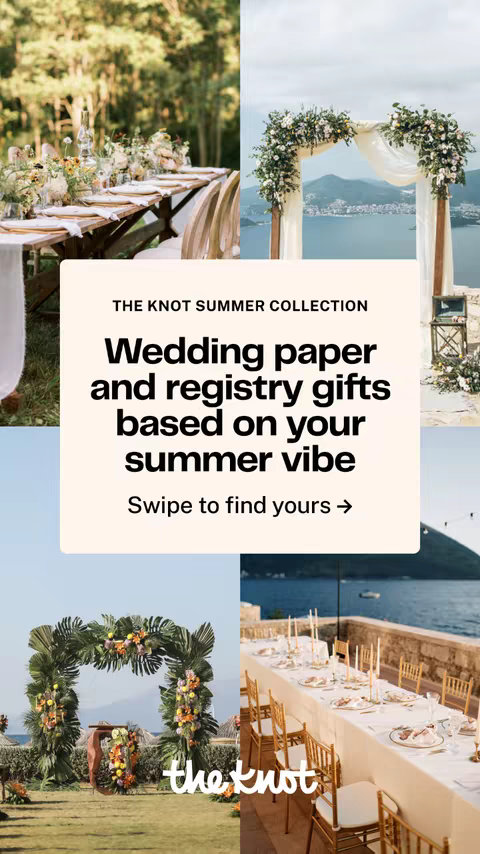 The cover image is a collage of four scenes, each depicting a wedding setting. At the top left, a long table is set outdoors with floral arrangements. To the right, an archway adorned with white flowers and draping fabric overlooks a body of water. At the bottom, two more scenes are shown; one has a lush, tropical archway, and the other shows tables set up with chairs along the water, suggesting a beachfront reception. A central, light-colored box with text overlays on top of the different scenes.