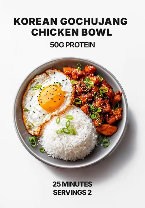 A top-down shot of a grey bowl filled with Korean chicken, rice, and a fried egg. The chicken is coated in a red, glossy sauce, topped with sesame seeds and green onions. To the left, a fried egg is positioned next to a mound of white rice. The background is a solid white, with the text overlayed on top of it.