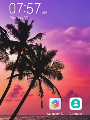 A serene wallpaper of a tropical beach scene at sunset with palm trees silhouetted against a vibrant sky. Below, two app icons are visible along the bottom. The time and date are displayed in the top left.
