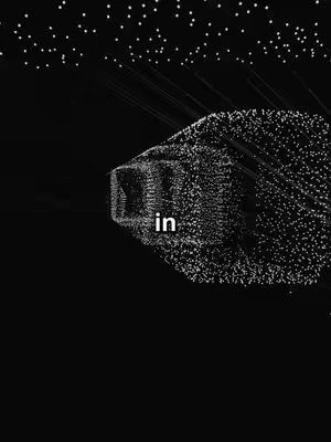 A stark, grayscale image dominated by a black background.  A three-dimensional structure composed of small, scattered white dots takes center stage, resembling a cuboid form, with lines emanating from its surface. Above it, a scattering of similar white dots suggests a celestial pattern. Central to the cuboid, the word “in” is positioned, written in white.
