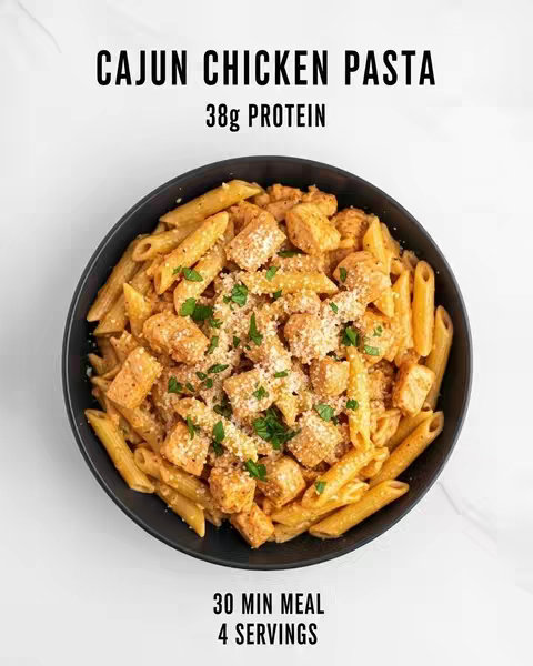 A top-down shot showcases a dark bowl filled with cajun chicken pasta. The pasta is composed of penne, coated in a light orange sauce. The chicken is cut into bite-sized pieces and mixed into the pasta. The dish is lightly garnished with a sprinkle of parsley and parmesan. Above the bowl and below is white space. The top of the image displays the text: CAJUN CHICKEN PASTA stacked on 38g PROTEIN. The bottom of the image displays the text: 30 MIN MEAL and 4 SERVINGS.