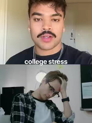 The cover photo is split in two. The top half features a young man with a mustache, looking directly into the camera and speaking; the background is a plain wall. The bottom half features another young man with glasses, looking down with a hand to his head, clearly stressed; what's visible of the background is a room with a brightly lit ceiling.