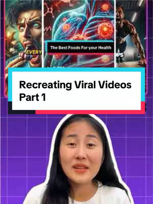 The cover image features a montage of images above a live-action shot of a woman. The upper portion has a collage of various images, including a man looking shocked, an illustration of the human body, and another man in a workout pose. In the center, a text box reads 'Recreating Viral Videos Part 1'. Underneath, a woman with dark hair and a white top is smiling in front of a purple grid background.