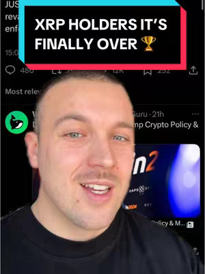 The cover image is a selfie-style shot featuring a man in the foreground, against the backdrop of a social media post. The man is looking at the camera and smiling. Above him, a banner displays the text 'XRP HOLDERS IT'S FINALLY OVER' in white on a red background, complemented by a trophy icon. This text appears to be a hook for the video. Behind the man, a blurred screenshot of a social media or news article is visible, with logos and text that are unreadable. The overall composition is typical of a social media video, focusing on the creator's face and the overlayed hook to grab viewers' attention.