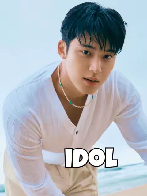 A medium shot of a young man with dark hair. He's leaning slightly forward, wearing a white V-neck shirt, and a beaded necklace, set against a light blue background with a hint of a beach scene. The word "IDOL" is overlaid in a bold, black-outlined white font.