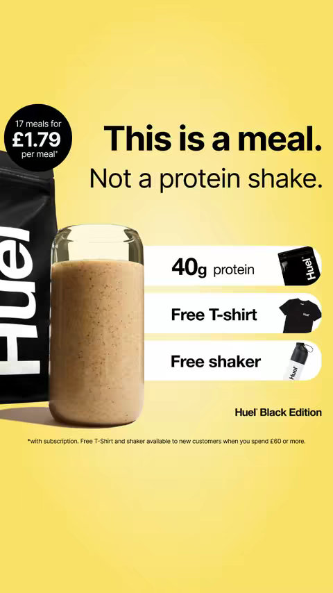 The cover image features a nutritional shake in a clear glass, a bag of Huel, and text overlays. The layout is vertical, with key information and promotional offers. The background color is a light yellow.