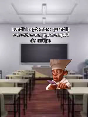 The image shows a classroom scene from a low, eye-level perspective. Empty desks are in rows, with a blackboard at the back. A cartoon image of a chef holds a purple object. Text overlayed on the image in french