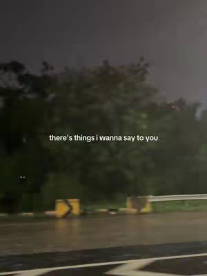 The cover image shows a blurred outdoor scene at night or dusk, likely taken from a moving vehicle due to the blurred background. In the foreground, there's a wet road surface with lane markings. A dark, indistinct silhouette of trees and foliage is visible in the background. The sky is dark grey. The text overlayed on the center of the image reads, 'there's things i wanna say to you'.