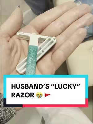 A hand holding a razor, with text at the bottom and an expression sticker indicating the content.