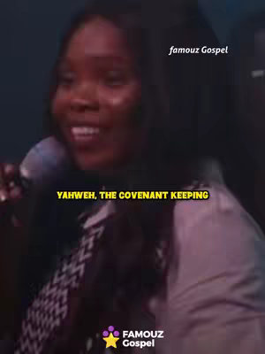 The cover image portrays a woman, presumably the content creator and singer, in a low-angle close up with a microphone, likely performing gospel music. Overlaying the image is text in a bold, yellow font on a black background. The text reads "YAHWEH, THE COVENANT KEEPING" and the phrase "famouz Gospel" is written in the top right corner. In the bottom are a logo representing "famouz Gospel" and its main color is purple.