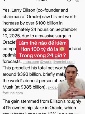 The cover image presents a screenshot of a news article about Larry Ellison's wealth increase. A red box overlay highlights a question in Vietnamese, featuring the image of the creator, who is a man, in the bottom right corner.