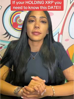 A woman with long dark hair is centered in the frame, looking directly at the viewer. She has a neutral expression. The background has a colorful pattern. The top of the image has a red banner with white text.