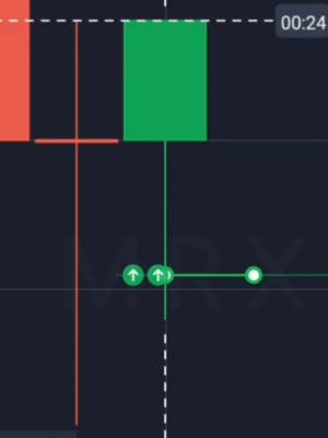 The image shows a technical visual, likely representing a stock chart or financial data. It includes vertical and horizontal lines, green and red filled blocks, and upward-pointing green arrows. The top right corner has a timer showing '00:24'.