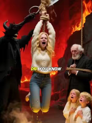 A surreal, digitally created scene depicting a young woman suspended by a rope, surrounded by ominous figures and a fiery backdrop. The central figure is a woman with long blonde hair, wearing a cream-colored sweater and jeans, screaming in terror. A demonic figure with horns and a dark outfit stands to her left, with hands raised, seemingly controlling her. To the right, an older man with a long white beard and a black suit observes the scene. Below, two crying children in white robes are looking up at the scene. The background is engulfed in flames.