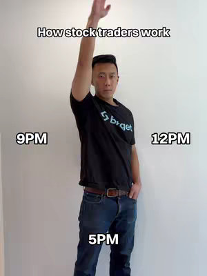 A man in a black t-shirt and jeans stands with his left arm raised, palm open to the sky, against a white background. The man is looking at the camera. Text indicating times (9PM, 12PM, and 5PM) is placed around the image.