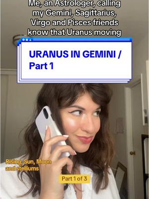 A woman is on a call, seen from a medium close-up angle. She is fair-skinned with dark wavy hair and wearing a white shirt. She holds a white phone to her ear, looking slightly to the side with a subtle smile. Overlaid on the view is a title, 'URANUS IN GEMINI / Part 1,' set within a blue-bordered, virtual window design and a few lines of white text. The overall colors are neutral, highlighted by the woman's skin tone and the clean background, suggesting a professional or informative video.