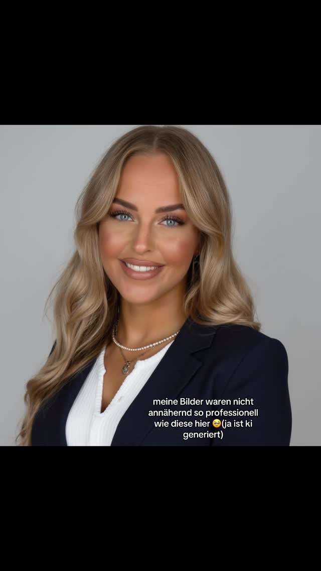 A professional headshot of a woman with long blonde hair wearing a navy blazer and white top. The background is a light gray. Text saying 'meine Bilder waren nicht annähernd so professionell wie diese hier (ja ist ki generiert)' is overlayed on the bottom right.