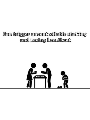 A minimalist illustration on a white background. A stick figure family of three is depicted: a woman and a man standing at a table, possibly arguing, and a child standing to the side with their hands on their chest. Above this scene, text states a potential psychological reaction.