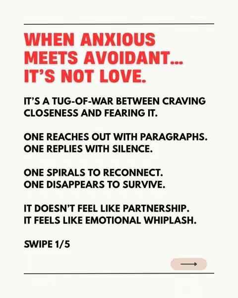 The image is a vertical layout with a white background. Text is overlaid in alternating colors: red and black. The top section has a title in red and is followed by a series of statements about a relationship dynamic, displayed for users to swipe through for more content. At the bottom of the image is the text "SWIPE 1/5" with a right arrow indicating the ability or direction for the user.