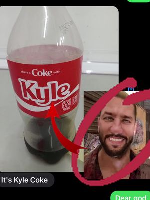 The cover image shows a photoshopped image of a Coke bottle that has the word "Kyle" where the "Coca-Cola" logo usually is. A red circle highlights an image of a smiling man with short hair, who may be "Kyle". An arrow points from the man to the "Kyle" on the bottle.