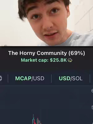 A man is in the upper half of the screen, smiling and slightly looking down. Below him is a financial graph with dark background and text overlaid, showing market data.