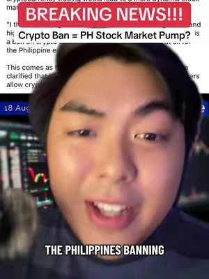 The cover image features a close-up shot of a young man with a warm, open expression. He is centered in the frame, with a bright light illuminating his face. Overlayed are the text elements: 'BREAKING NEWS!!!' in a red rectangular box at the top, and 'THE PHILIPPINES BANNING' in the bottom with text relating to CryptoBan and PH Stock markets.