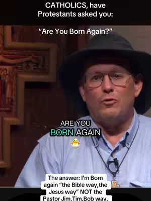 A man in a hat and glasses looks directly at the viewer. Text overlays the image in two sections, posing a question about being "Born Again". The background is a nondescript interior setting. The color scheme is muted, with the man's blue shirt contrasting with the darker background.