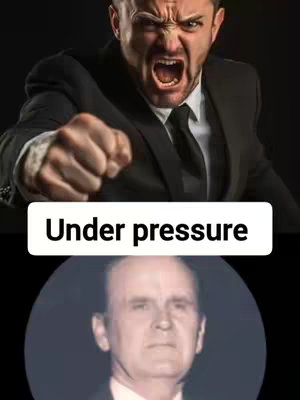 The cover image is a split composition. The top half shows a man in a suit with an angry expression, pointing aggressively and screaming. The bottom half is a circular inset of a man with a composed, serious expression.