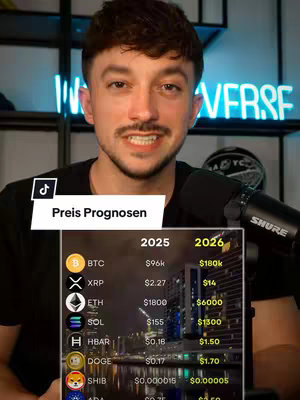 A man is centered in the frame, smiling at the camera. Behind him, a screen presents a price comparison of crypto coins for the years 2025 and 2026. The background features neon blue lights. The image composition is clean, with the man's face as the focal point and the chart as a supporting element.